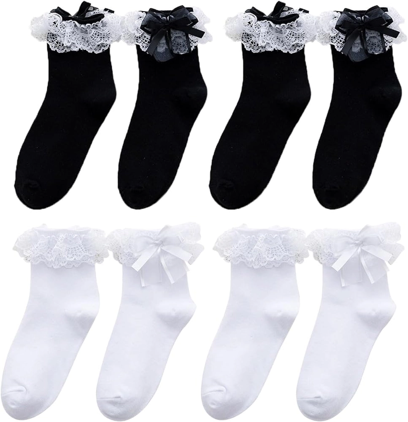 SKHAOVS 4 Pairs Women's Ruffle Socks,White and Black Ballet Socks Ruffle Ankle Socks Cute Opaque Frilly Socks Stylish Princess Socks Dress Socks for Women Girls