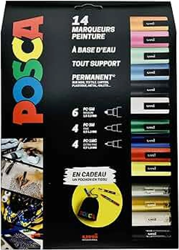 POSCA - Uni Mitsubishi Pencil - Maxi Pack Multi-Pointes - 14 Marqueurs Peinture à Base d'Eau - Tout Support - Couleurs et Pointes Assorties - Pochon Offert