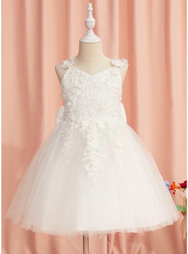 [US$ 74.00] A-line V-Neck Knee-Length Lace/Tulle Flower Girl Dress (010255695)