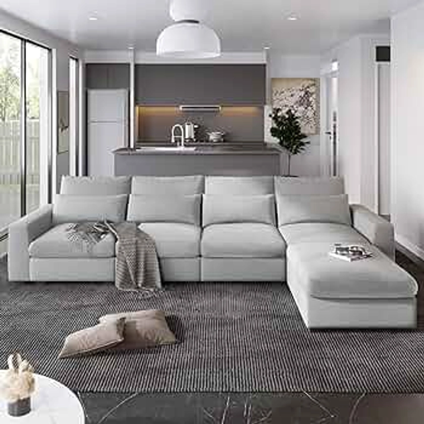 Feather Filled Oversized Convertible Modular Sectional Sofa with Movable Ottoman, L Shaped Deep Seat Reversible Sleeper Corner Couch with Waist Pillows for Living Room Furniture Sets