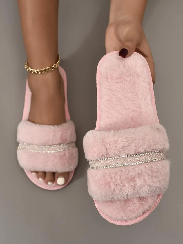 Women's Fashion Pink Diamond Decor Solid Bedroom Slippers Soft Fluffy Slippers