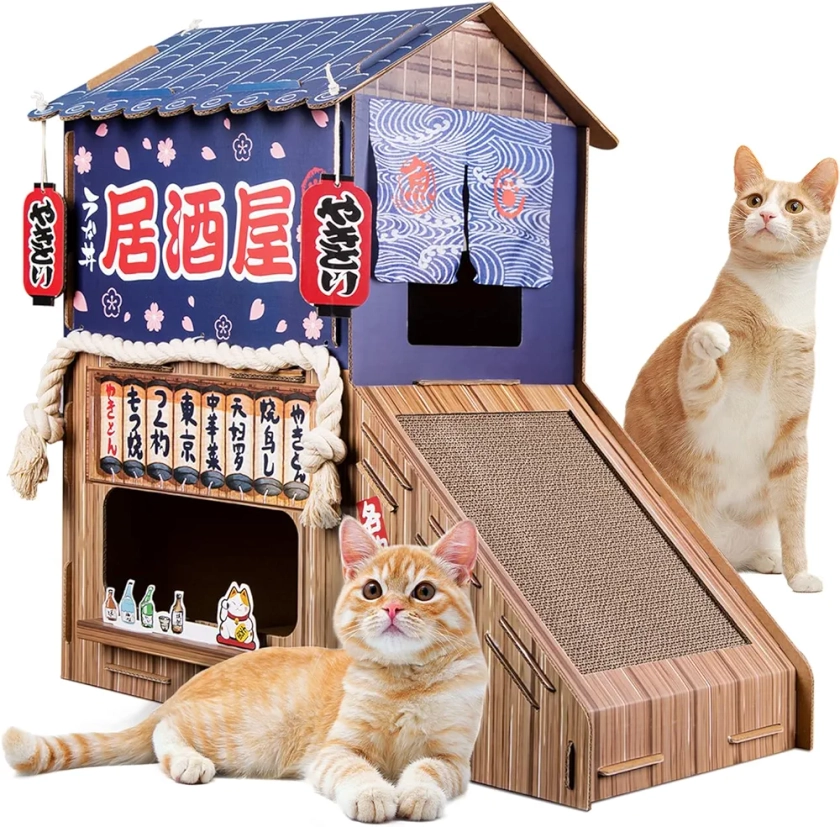 opbodqo Indoor Cardboard Cat House（Heavy Duty Cardboard） Double Decker Cat Villa,Cat Bed with Cat Scratching Board, Cat Tree Tower with Toys and Furniture, Stylish cat Castle，Unique Iarge Cat House。