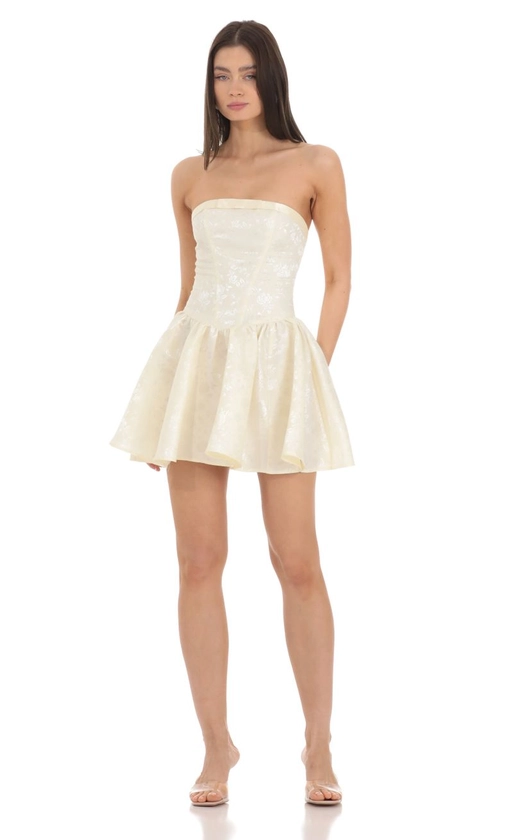 Jacquard Strapless Corset Dress in Pale Yellow | LUCY IN THE SKY