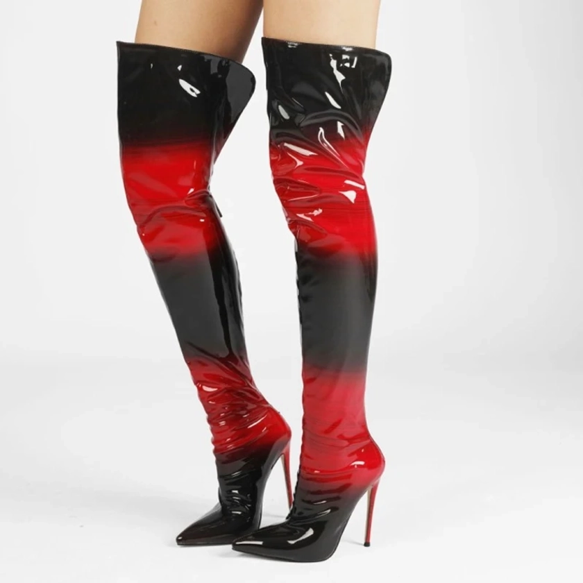 Black Red Gradient Color High Heel Thigh High Boots Women's Stiletto Shoes Back Zipper Over Knee Big Size 47