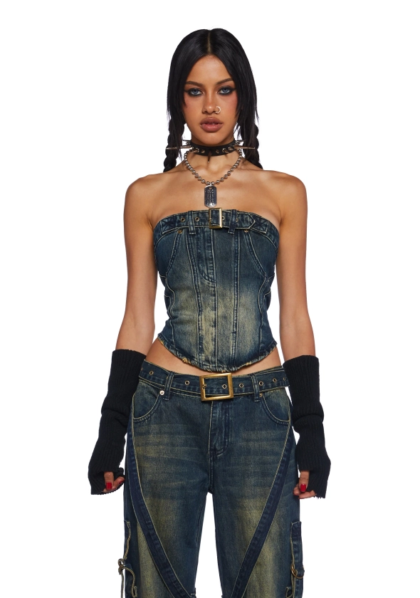 Current Mood Washed Paneled Denim Tube Top - Blue