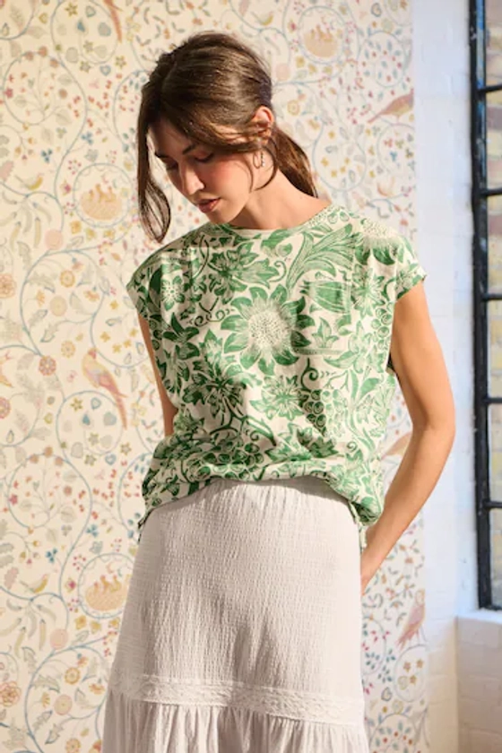 Buy Green William Morris Print Crew Neck Linen Look Sub Jersey Cap Sleeve T-Shirt from the Next UK online shop