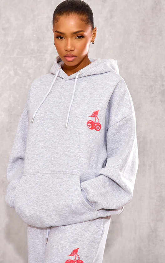 Grey Marl Cherry Print Oversized Hoodie