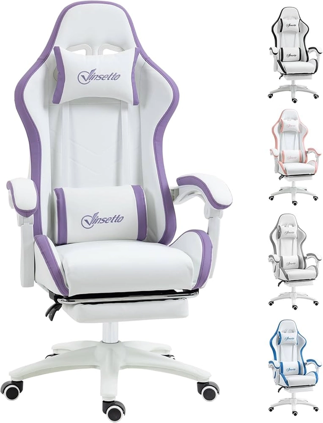 Vinsetto Computer Gaming Chair, PU Leather Desk Chair with Footrest, Swivel Task Chair with 135° Reclining Back and Lumbar Support, PC Chair for Adults, White and Purple