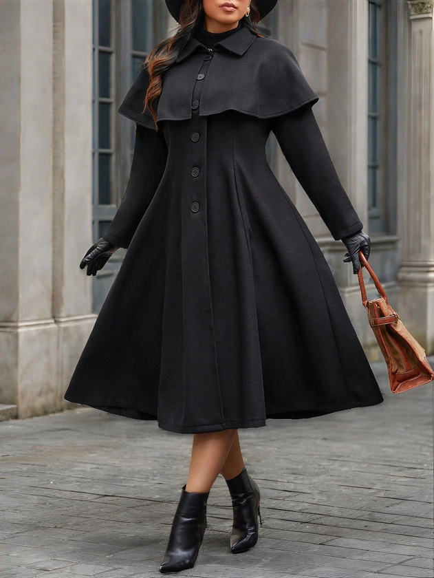 SHEIN Privé Manteau de femme grande taille à design cape pour l'automne et l'hiver, veste en tricot élégante à manches longues et boutons