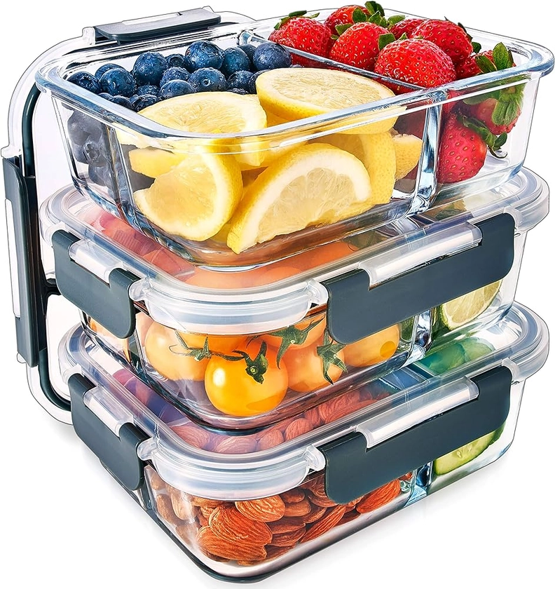 Igluu Meal Prep - [Lot de 3] Boîtes alimentaires à 3 compartiments en verre pour préparation des repas - Réutilisables, sans BPA - Compatibles Micro-ondes, lave-vaisselle et congélateur