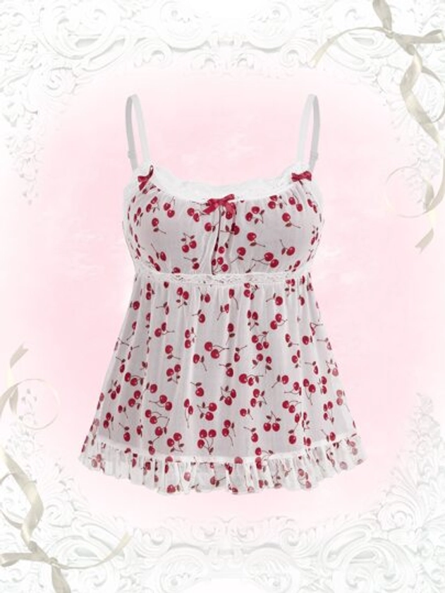Kawaii Cherry Mesh Printed Splice Lace Trim Plus Size Baby Girl Camisole Top