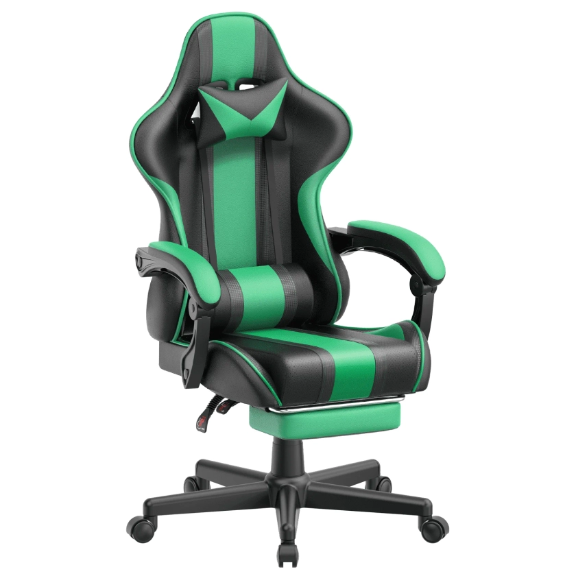 Ferghana Gaming Chair Office Chair, Ergonomic Gamer Game Chair with Footrest & Massage Lumbar Pillow, Reclining Adjustable Height Leather Computer Chair, Green - Walmart.com