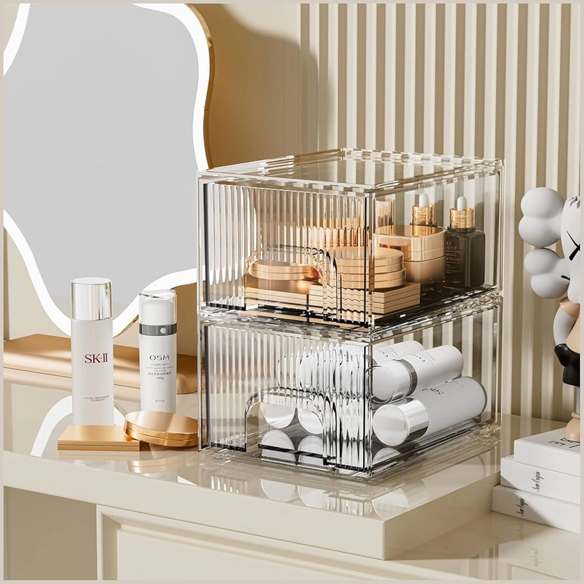 Amazon.com: ZHIAI Makeup Organizer, Stackable Bathroom Organizers and Storage, Clear Cosmetic Storage Box For Vanity, Skincare, Kitchen Cabinets, Pantry Organization 2 Pack : Beauty & Personal Care