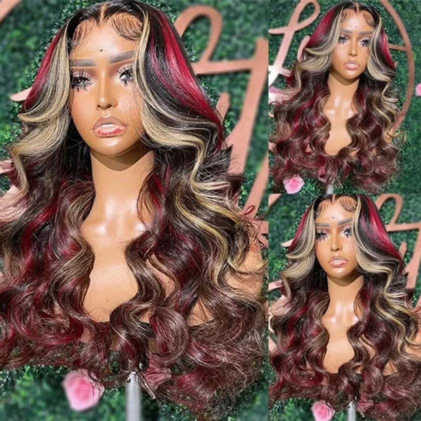 Lolly Black with Red & Blonde Highlights Glueless Colored Human Hair W - LollyHair