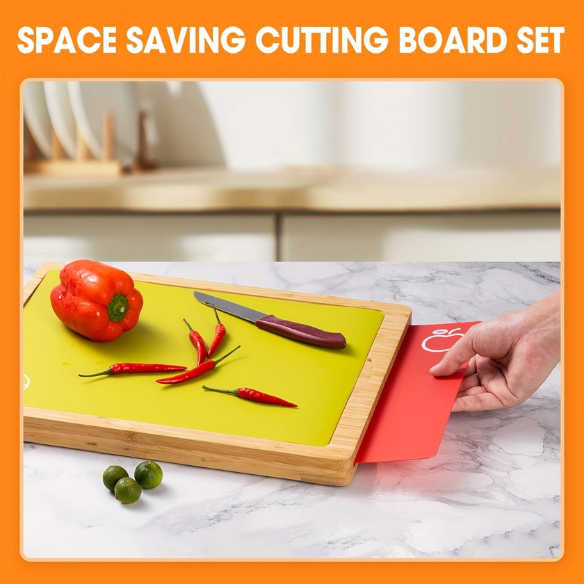 1 Set, Chopping Board Set, Chopping Board, Bamboo Wood Cutting Board Set, 7 Flexible Cutting Mats With Food Icons, Color Coded Cutting Board Set, Cutt
