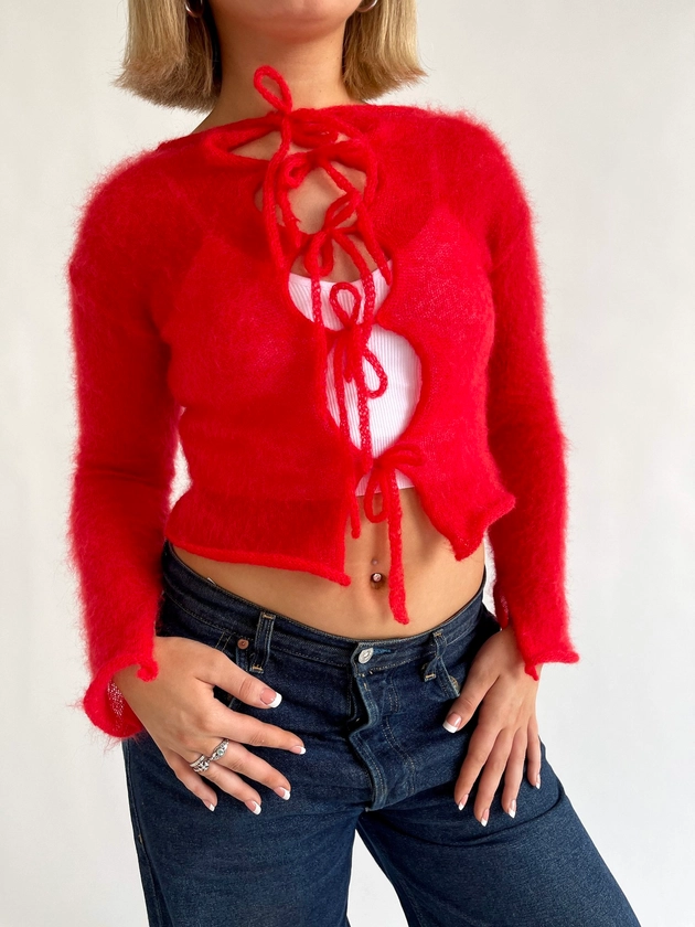 Mohair bow tie cardigan - Red - MADE TO ORDER — Molly O'Halloran Knitwear