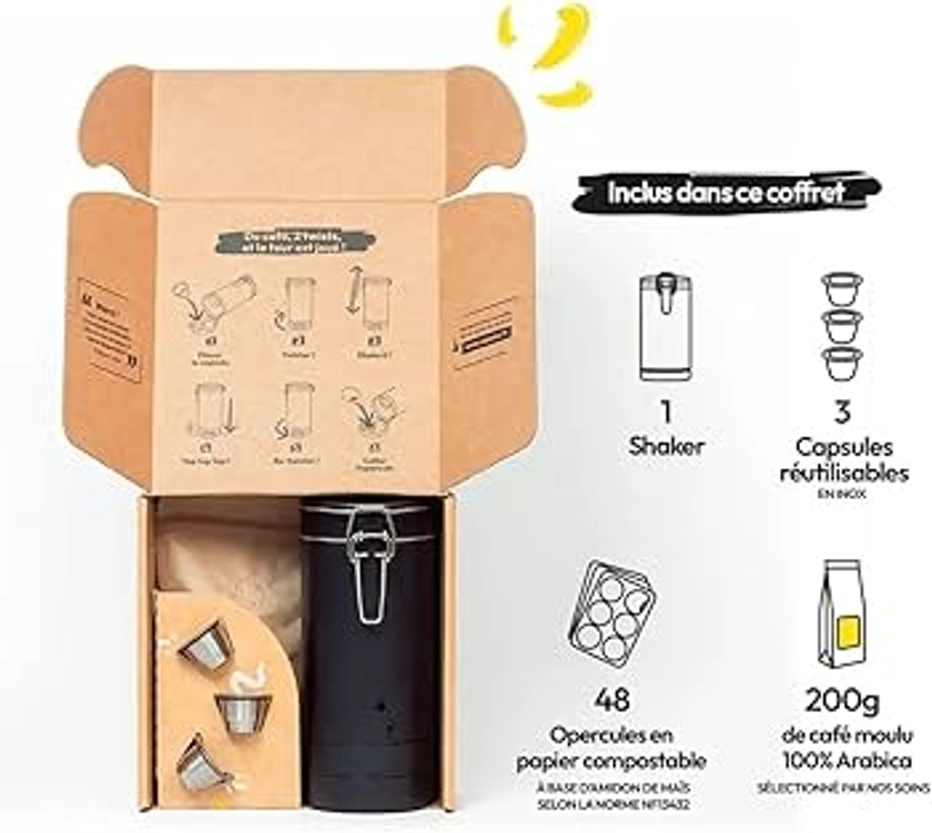 CAPSME - Marque Française - Kit Complet Capsule Rechargeable pour Nespresso® - Avec 1 Shaker, 3 Dosettes Réutilisables En Inox, 48 Opercules, 200g De Café