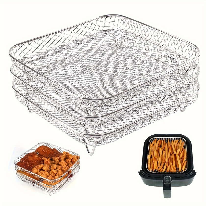 3pcs/set, 20.32 Cm Square Air Fryer Rack, , 304 Stainless Steel Stackable Dehydrator Racks, Dishwasher Safe, For Oven, Pressure Cooker And Most Air Fr
