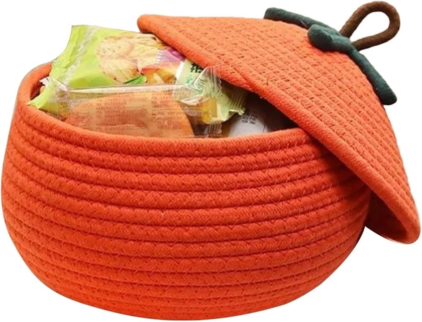 Pumpkin Basket with Lid for Halloween, Halloween Woven Pumpkin Basket with Lid, Woven Storage Basket Pumpkin Design, Orange Woven Rope Basket for Kids, Baby, Trick or Treat Bucket