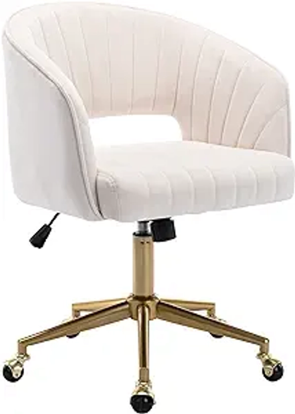 Home Office Chair Swivel Velvet Desk Chair Accent Armchair Upholstered Modern Tufted Chairs with Gold Base for Girls Women Ergonomic Study Seat Computer Task Stools for Living Room(Cream)