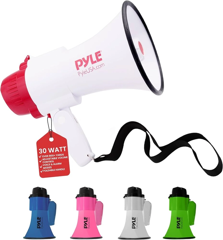 Pyle Megaphone Speaker PA Bullhorn - with Built-in Siren 30 Watt Voice Recorder & 800 Yard Range - Ideal for Football, Soccer, Cheerleading Fans & Coaches - PMP35R,White,6.2x10.6x6.3