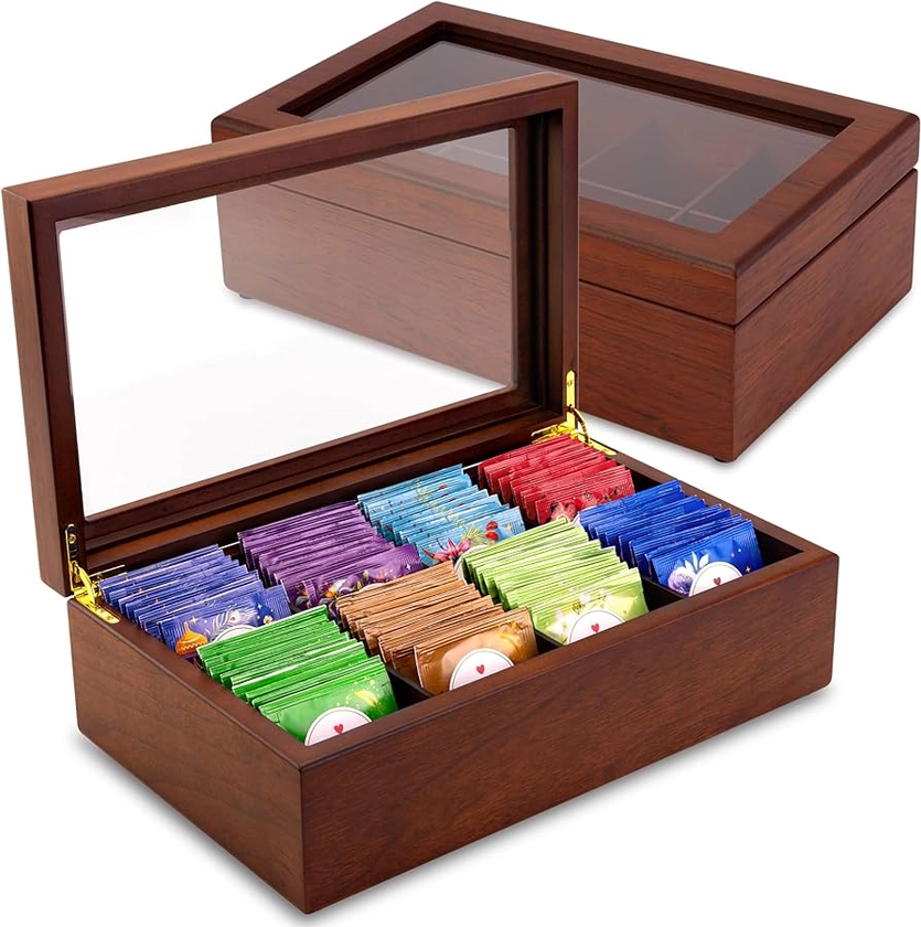 Tea Box - Luxury Wooden Tea Bag Organizer from The Apace Premier Collection - 8 Compartment Tea Storage Chest Container - Elegantly Handmade w/Scratch Resistant Window