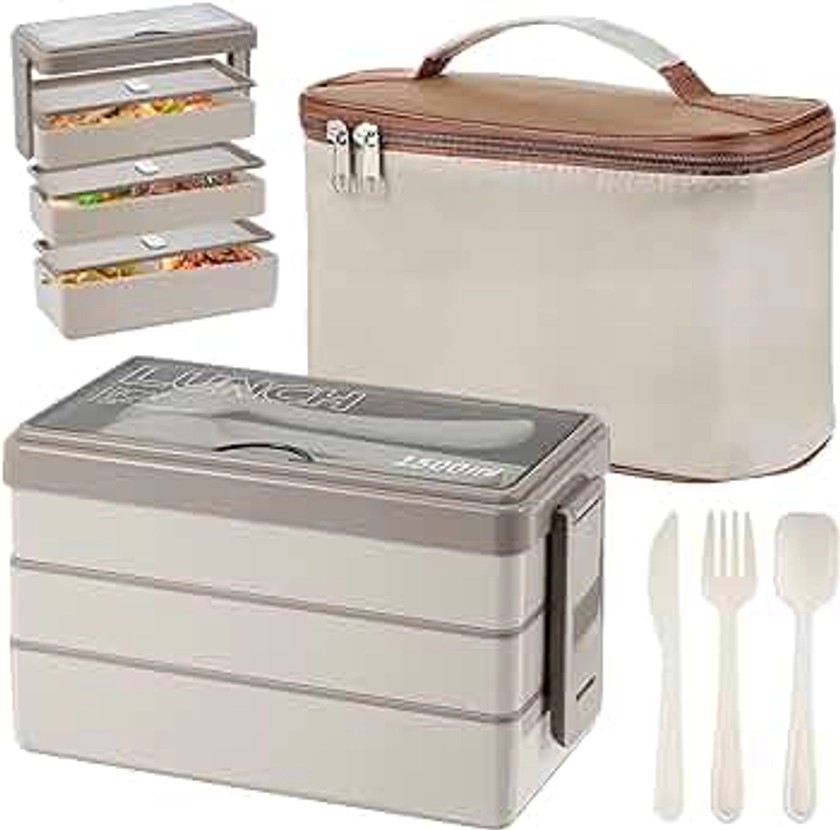 Yirochan 1500ml Bento Box with Bag - 3 Layer Lunch Box with Cutlery Set, 4-in-1 Meal Prep Container Box with Insulated Bag for Students Adults Office Microwave Dishwasher Safe (Beige)