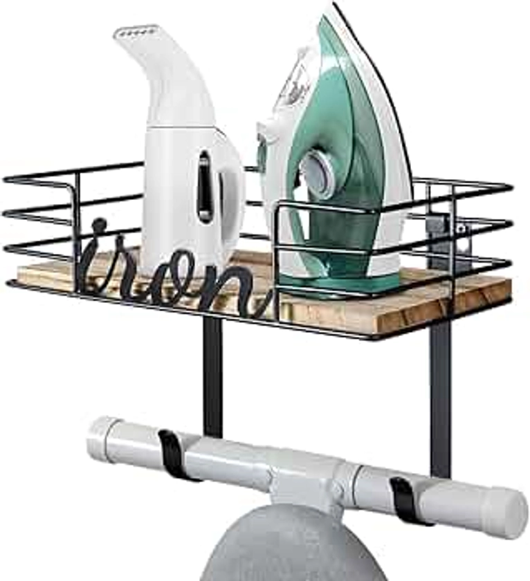 TJ.MOREE Ironing Board Hanger - Laundry Room Iron and Ironing Board Holder, Metal Wall Mount with Large Storage Wooden Base Basket and Removable Hooks