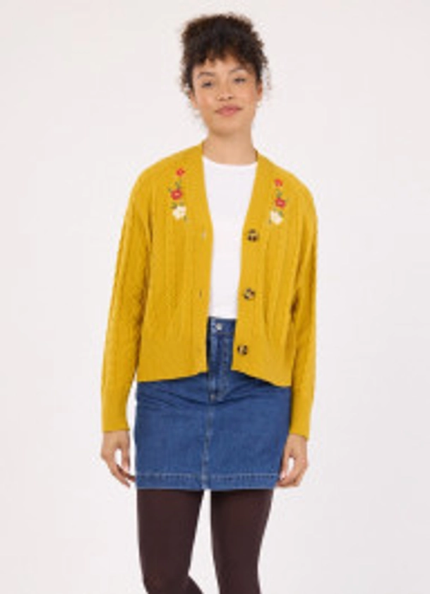 Lucinda Cable Knit Embroidered Cardigan - Mustard