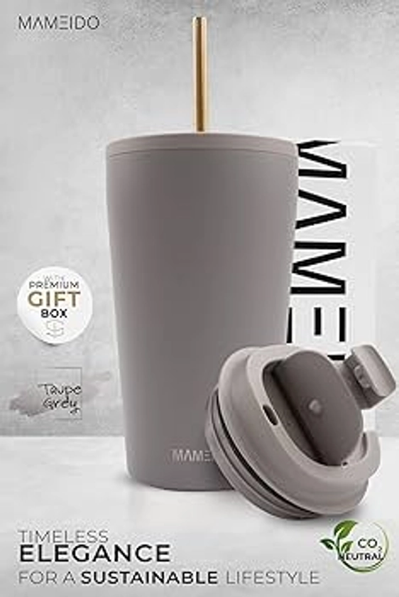 MAMEIDO Mug Isotherme avec Paille 470ml & 700ml - Thermos Café étanche en acier inox, Tasse Isotherme sans BPA, Mug Isotherme Cafe 100% Hermétique (Taupe Grey, 470ml)