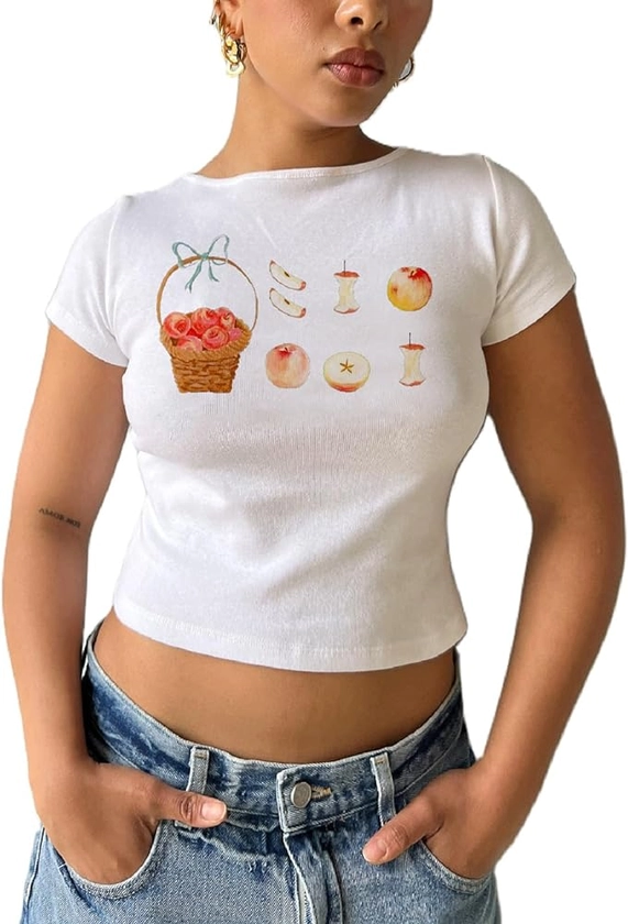 Women Y2k Graphic Baby Tees Cute Print Short Sleeve Crop Tops Vintage 90s Aesthetic Summer Shirts