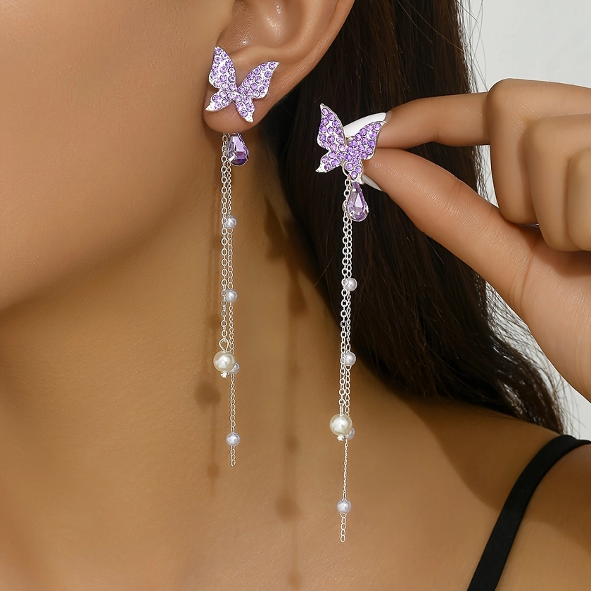 Chain Tassel Exquisite Butterfly Design Purple Shiny Rhinestone Inlaid Dangle Earrings Retro Elegant Style Banquet Wedding Accessories