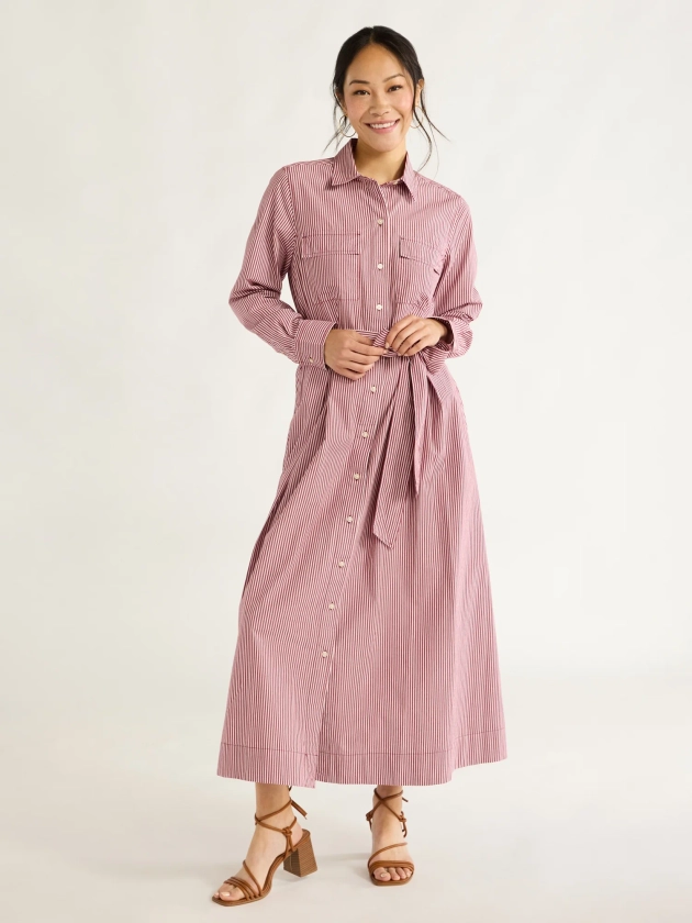 Free Assembly Women's Long Sleeve Belted Maxi Shirt Dress