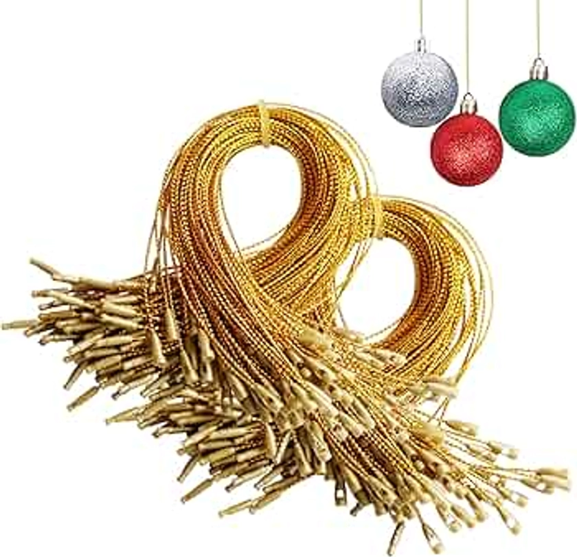 Christmas Ornaments Hanger String 200Pcs Gold Ribbon Ornament Hook Ropes Precut String with Snaps Locking for Xmas Ornament Hanging Decorations