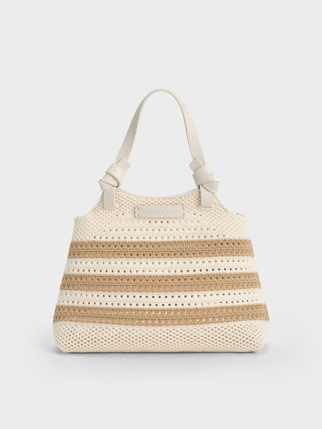 Sand Ida Striped Knotted Handle Tote Bag | CHARLES & KEITH