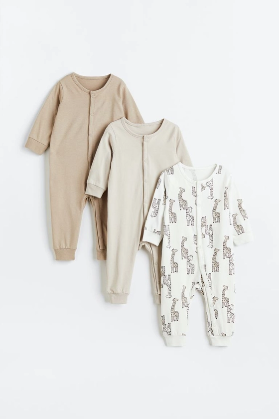 Lot de 3 pyjamas en coton - Encolure ronde - Manches longues - Beige clair/girafes - ENFANT | H&M FR