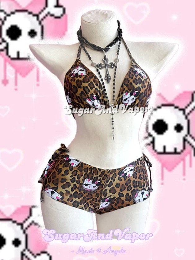 Devil Kitten Leopard Bra + Booty Shorts Swimsuit Set