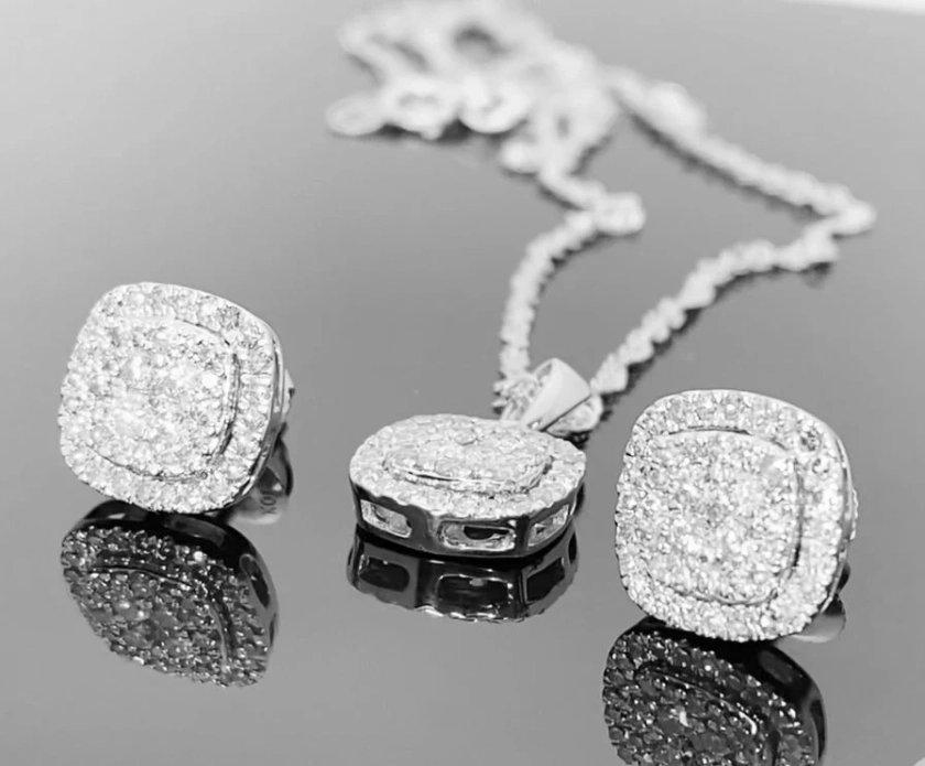 10K WHITE GOLD 1.25 CARAT REAL DIAMOND 9 MM EARRINGS & PENDANT NECKLACE SET WITH WHITE GOLD CHAIN