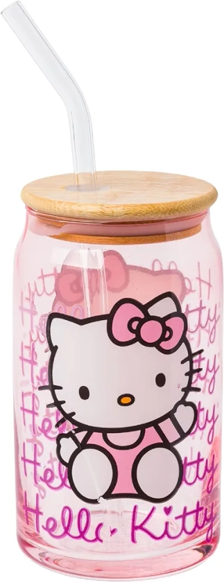 Silver Buffalo Sanrio Hello Kitty Glass Tumbler with Bamboo Lid and Glass Straw, 16 Ounces