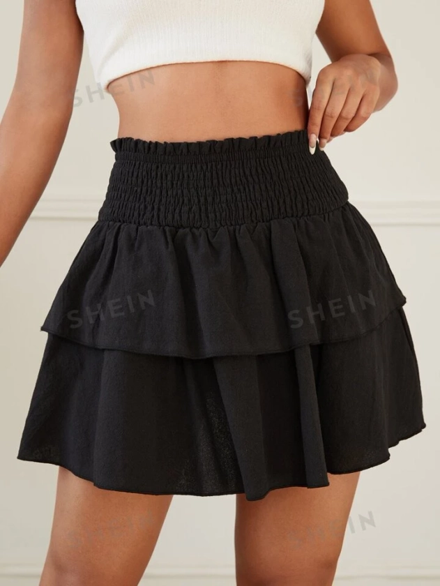 SHEIN PETITE Solid Shirred Frill Trim Layered Skirt | SHEIN UK
