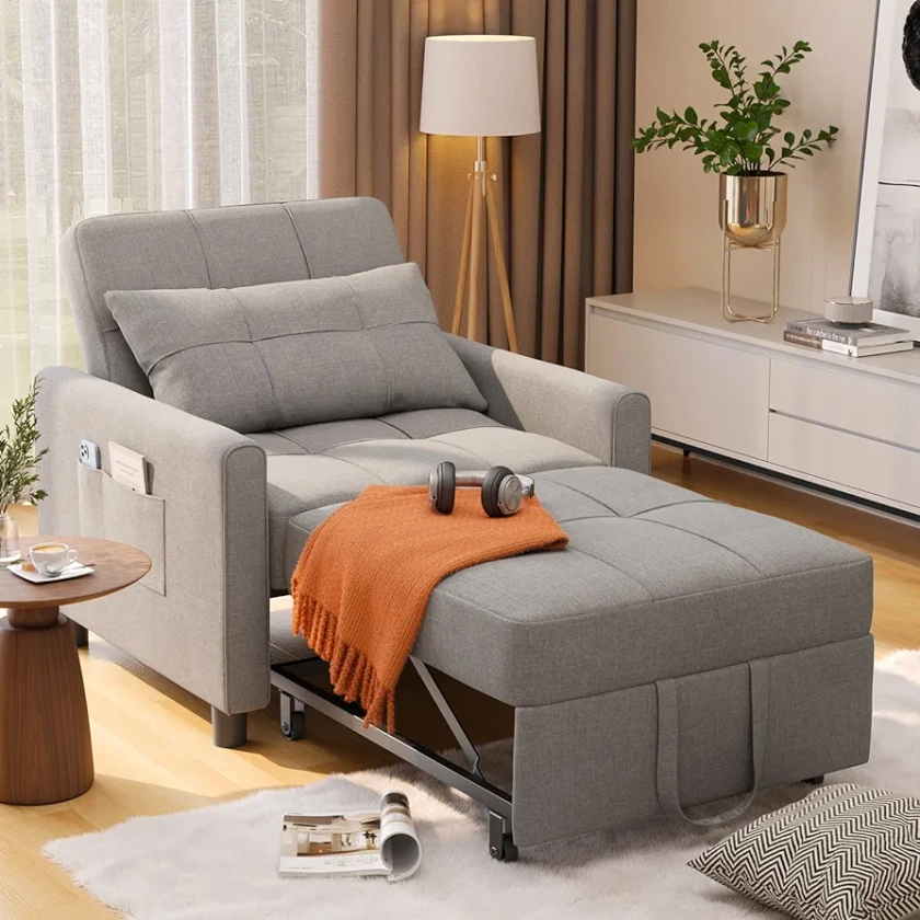 Sleeper Sofa Chair Bed, Convertible Sofa Chair 3-in-1, Adjustable Sleeper Chair Pullout Sofa Bed with Modern Linen Fabric for Living Room Apartment Small Space, Grey