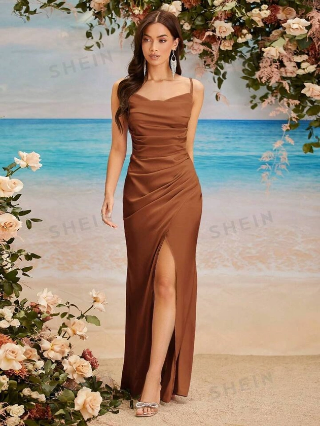 SHEIN Belle Women's Solid Color Plisse High Slit Strappy Bridesmaid Dress