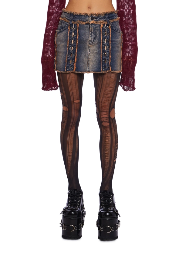 Current Mood Punquetee Punk Rock Washed Distressed Lace-Up Denim Mini Skirt - Blue