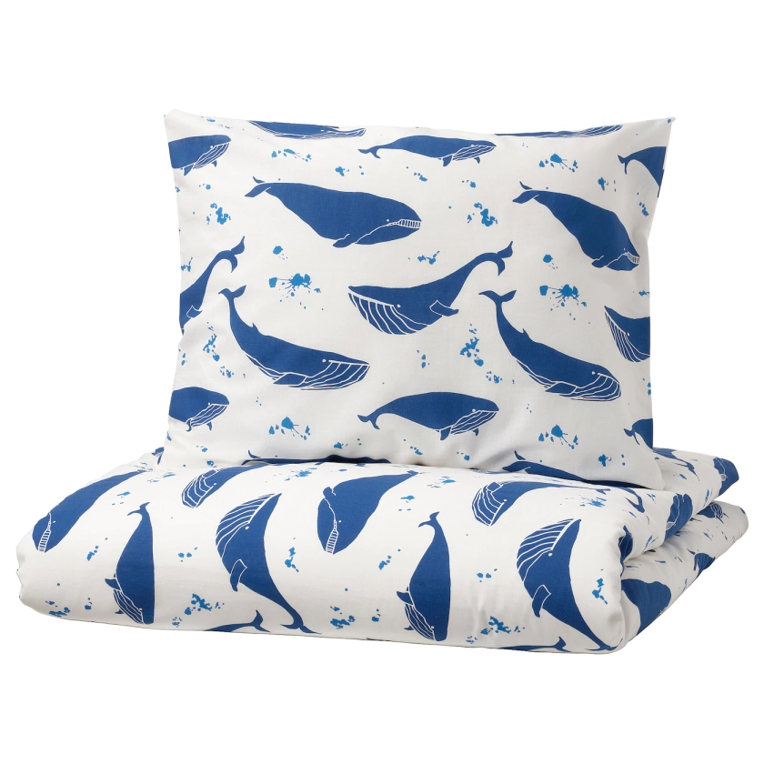 BLÅVINGAD duvet cover and pillowcase, whale pattern blue/white, Twin - IKEA CA