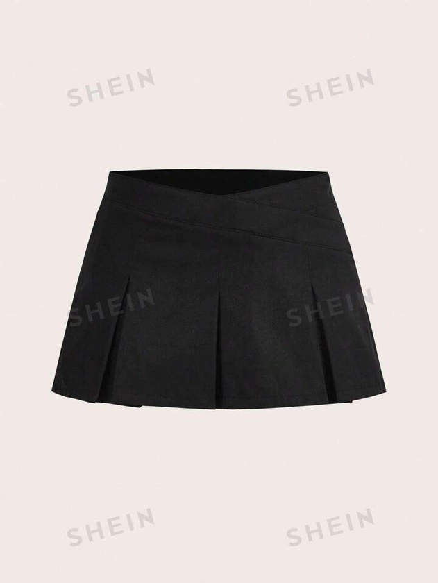 SHEIN ICON Black Solid Pleated Hem Mini Skirt