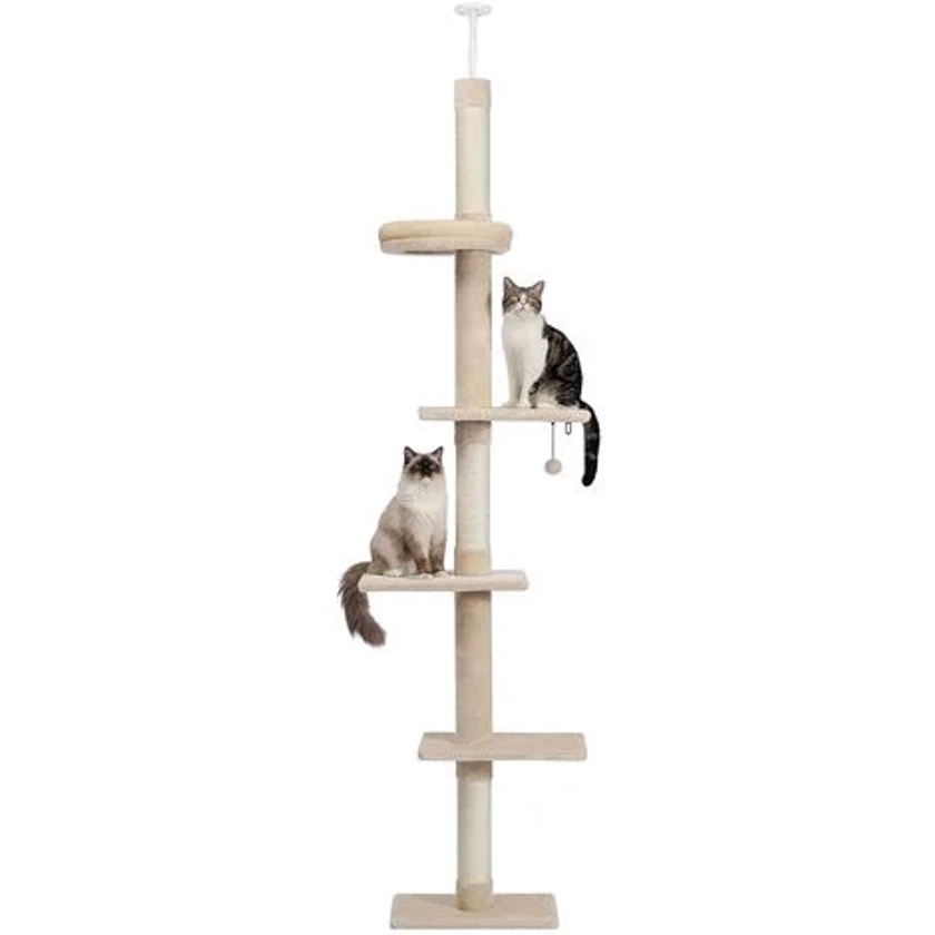 PAWZ Road Arbre à Chat du Sol au Plafond, 5 Niveaux avec Poteaux Griffoirs en Sisal, Hauteur Réglable 238-275cm, Beige