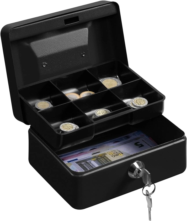 H&S Money Box with Key - 6 inch Money Tin with Lock - Small Lockable Cash Box with Coin Tray for Petty Cash Coins Notes - Locking Metal Safe Box with 2 Keys - Black Matt : Amazon.co.uk: Stationery & Office Supplies