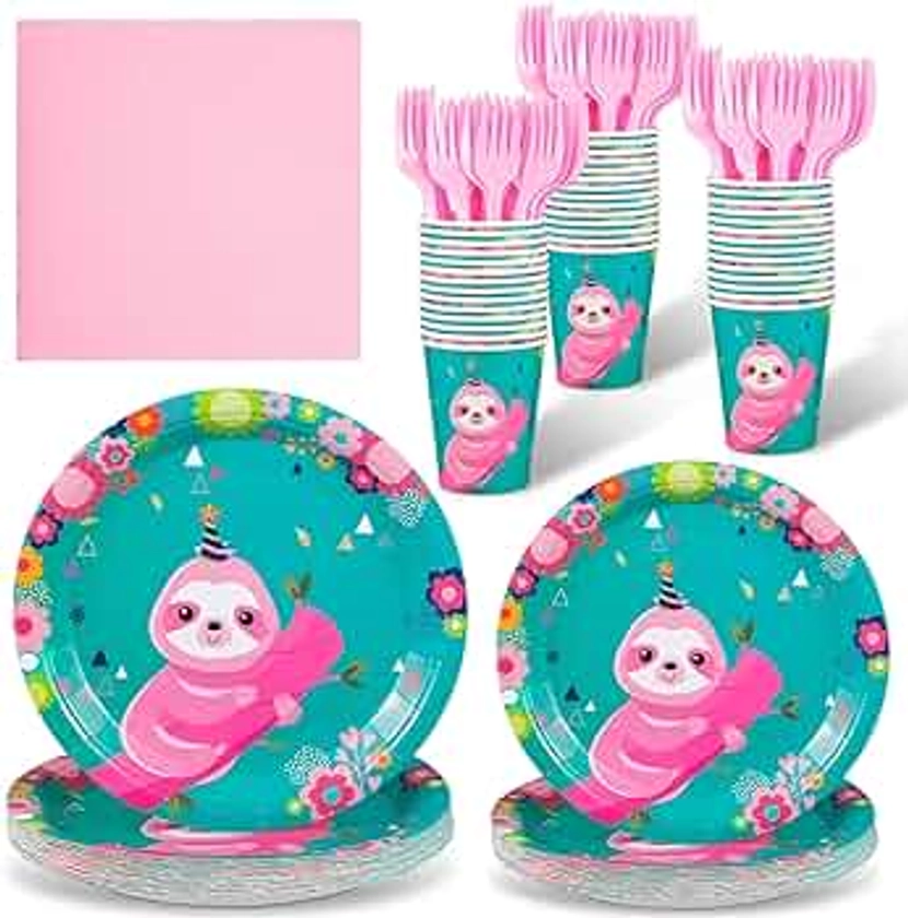 Zubebe120 Pieces Floral Sloth Party Supplies Set for 24 Guests, Floral Sloth Paper Plates (7 and 9 Inch), Cups, Forks, Paper Napkins, Disposable Floral Sloth Dinnerware for Party Decorations