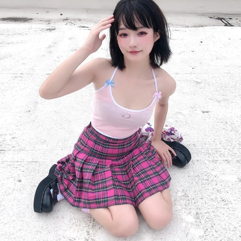 Harajuku Kawaii Fashion Style Hot Pink Plaid Pleated Mini Skirt