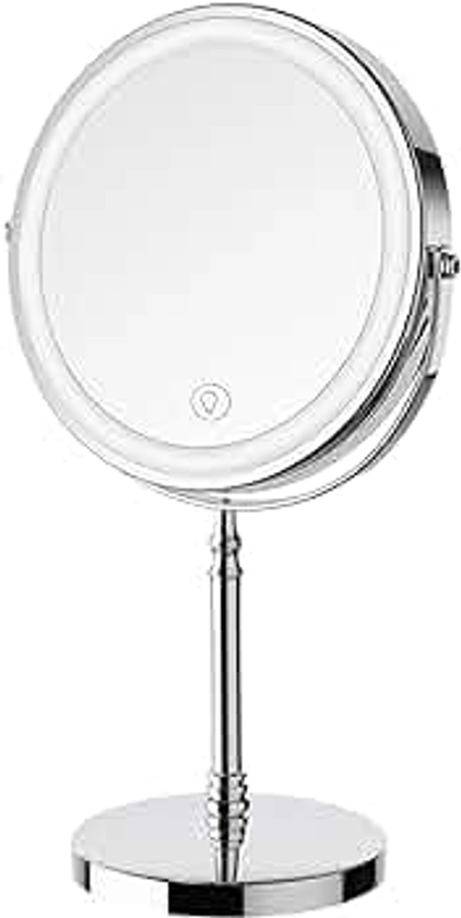 Lighted Makeup Mirror, 8" Rechargeable Double Sided Magnifying Mirror with 3 Colors, 1x/10x 360° Rotation Touch Screen Vanity Mirror, Brightness Adjustable Magnification Cosmetic Light up Mirror